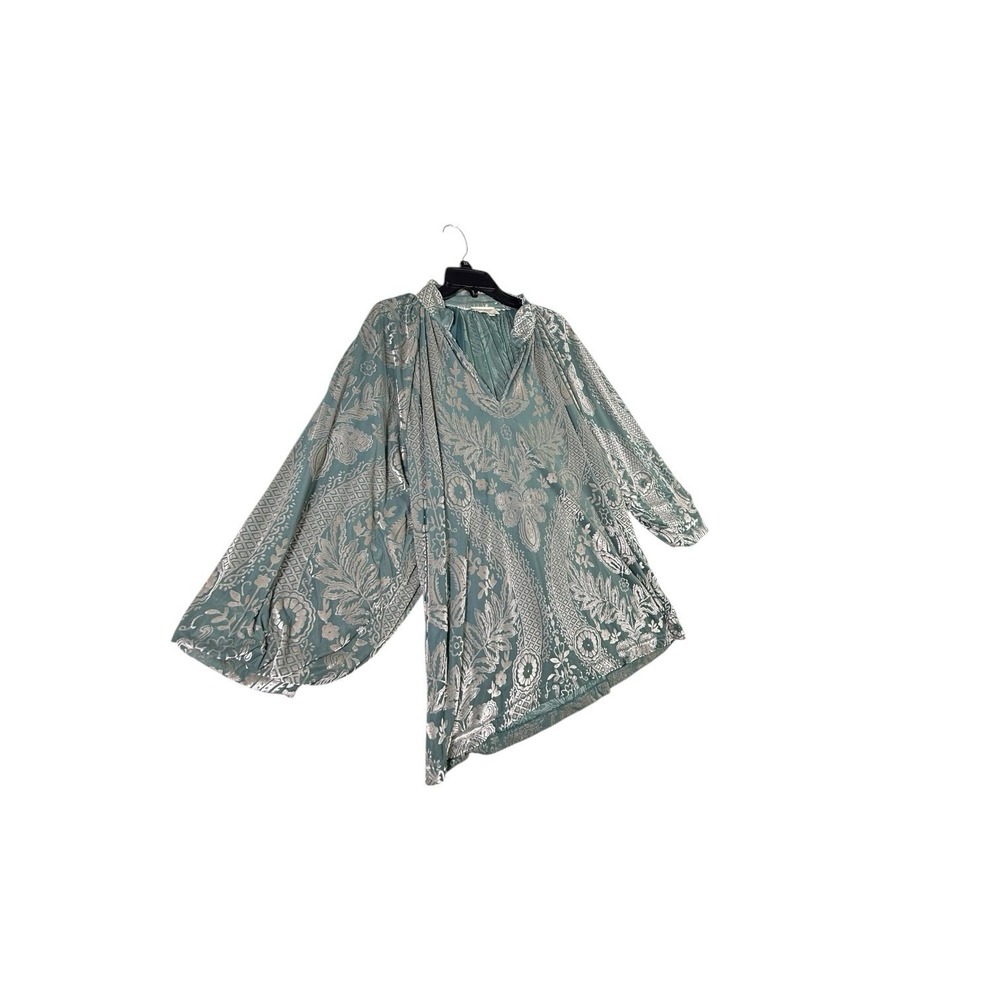 Umgee 1XL Sage Green Metallic Floral Boho Peasant Blouse Balloon Sleeve Top - Picture 4 of 13